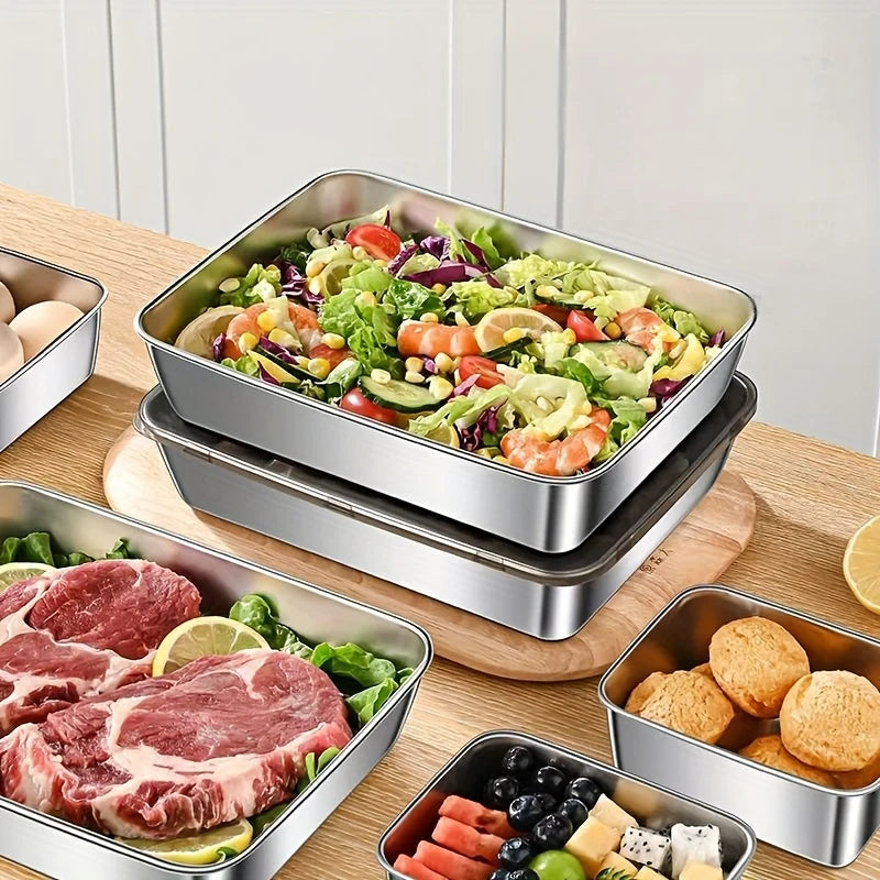 2pcs Stainless Steel Food Storage Container Rectangle Dish with Cover Noodles Fruit Tray Lunch Box Thick Refrigerator Plate