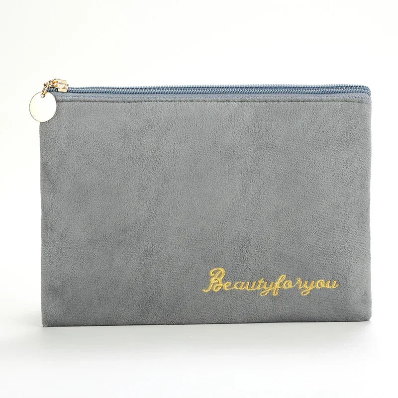 Plush Cosmetic Bag for Women – Large Zipper Makeup & Toiletry Travel Pouch, Solid Color Beauty Bag