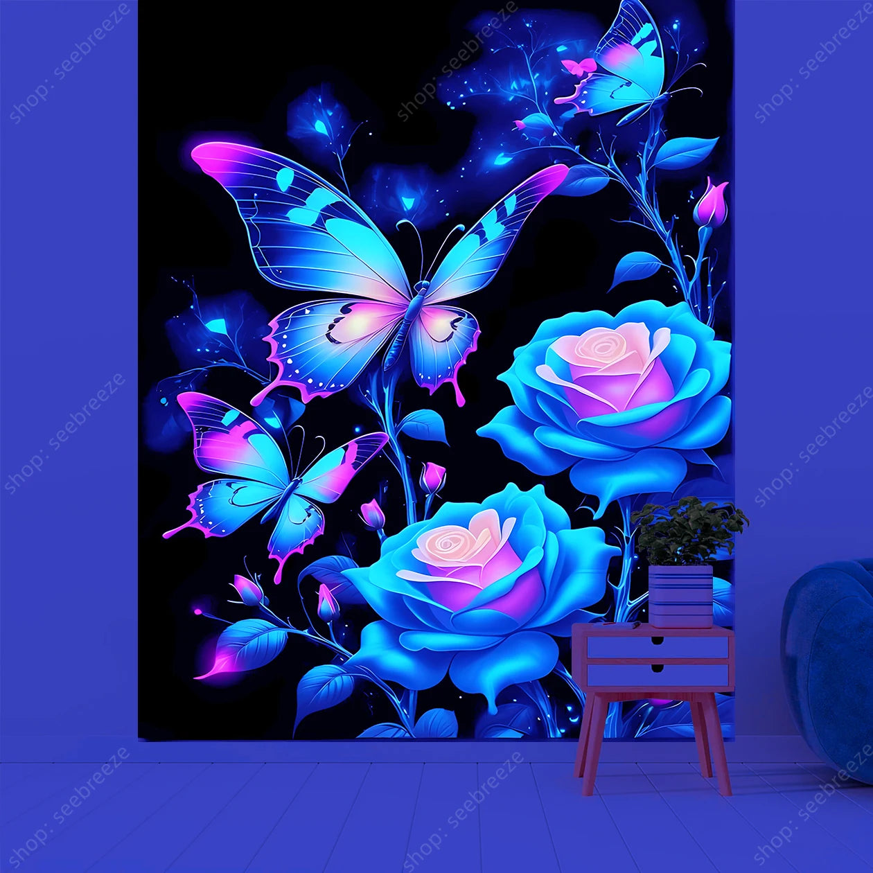 Butterfly Flower UV Reactive Tapestry Wall Hanging Hippie Boho Room Decor