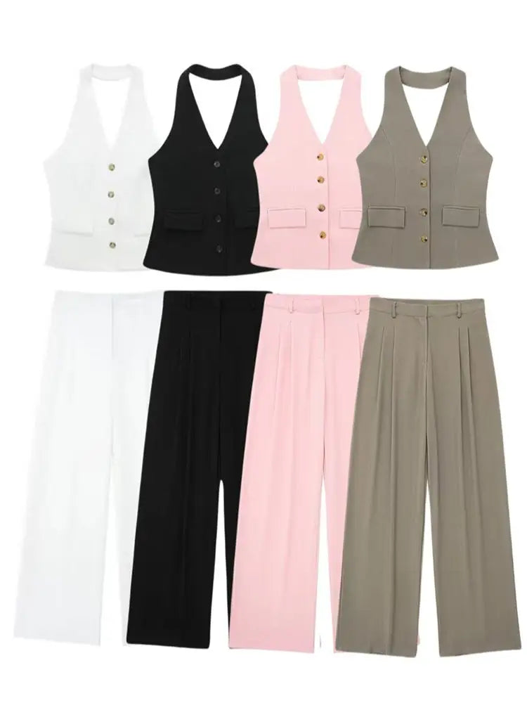 Women's Linen Look Halterneck Vest And Wide Leg Trouser