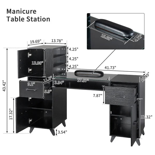 FCH Black relief particle board tempered glass 141*50*112cm three doors and two drawers fanless nail table