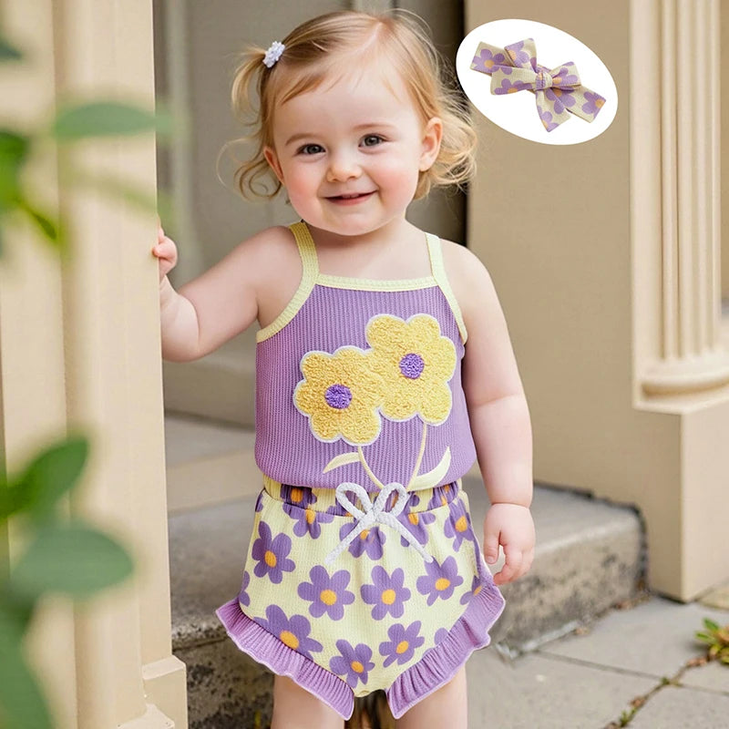 Toddler Girl Summer Outfit Floral Embroidered Sleeveless Bodysuit Elastic Waist Ruffle Shorts Headband 3 Piece Set for Baby Girl
