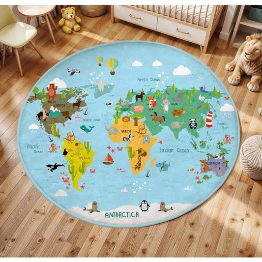 Children's Play Round Floor Mat Animal World Map Printed Carpet Children's Bedroom Bedside Non Slip Foot Mat Home Decoration