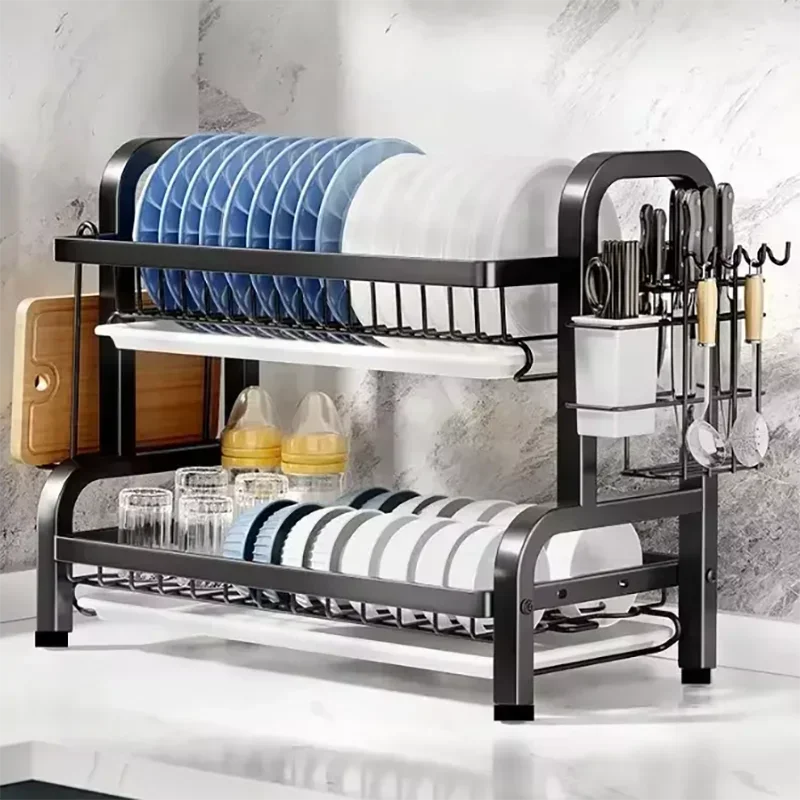 Compact 2-Tier Stainless Steel Dish Drainer, New Rustproof Kitchen Organiser with Utensil Holder