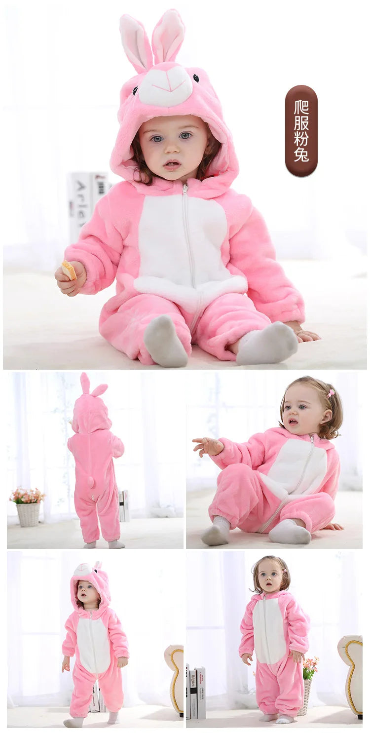 Baby Rompers Kids Cosplay Winter Flannel One-Pieces Hooded Jumpsuits Stitch Jumpers Overall Girl Grows Boy Growings Roupa Bebes