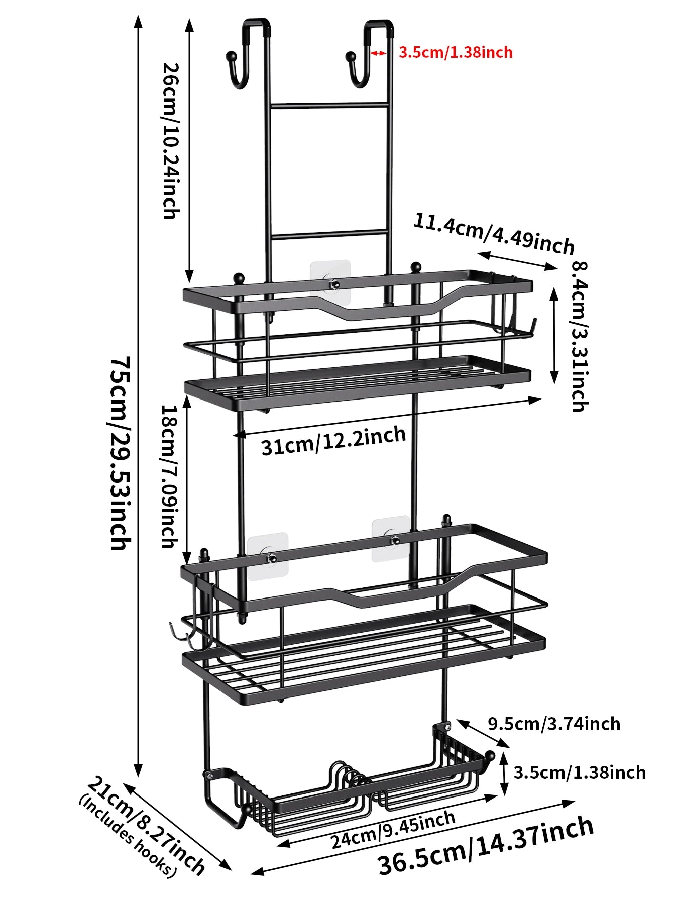 3-tier hanging shower caddy, large capacity hanging shower caddy, with 2 soap dishes