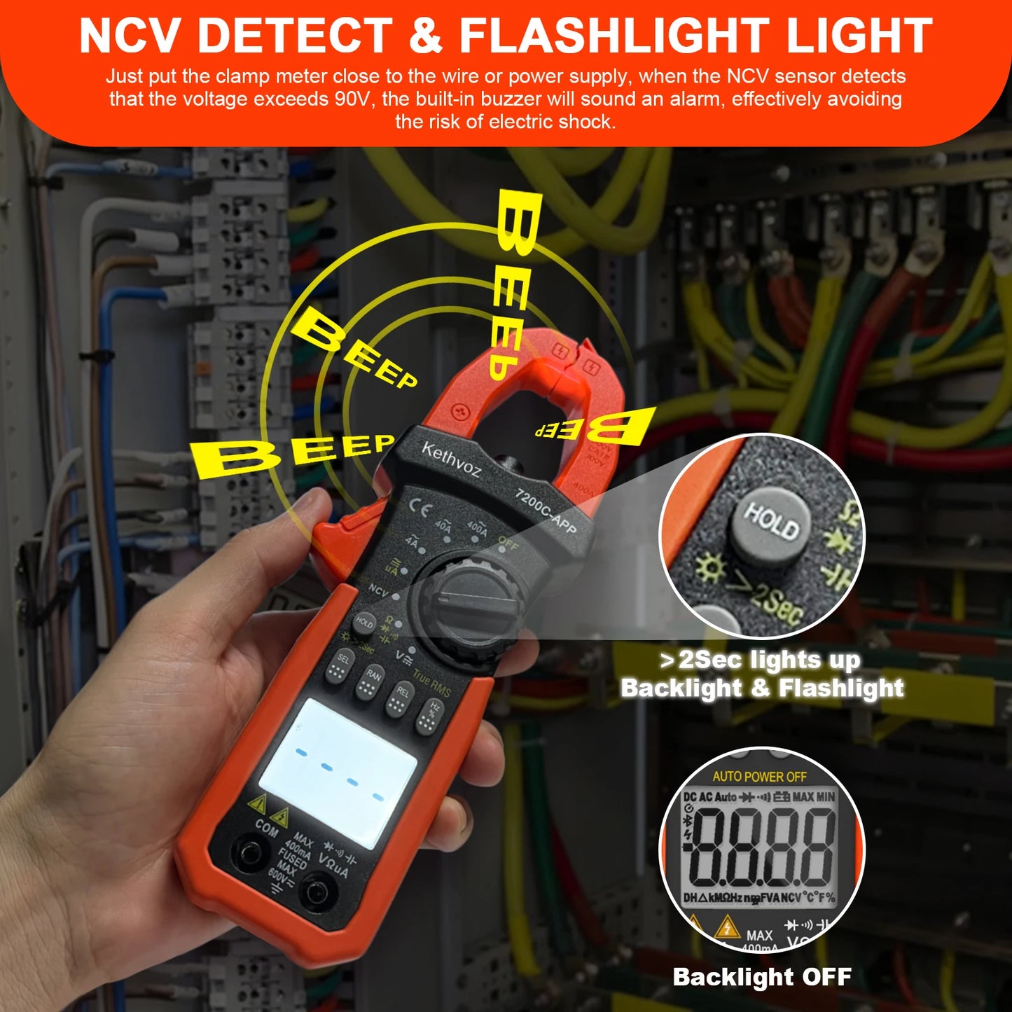 Kethvoz Clamp Meter NCV Multimeter 4000 counts with Smart APP,AC/DC TRUE-RMS LCD Display  Lamp Light Data Hold. KE-7200C-APP