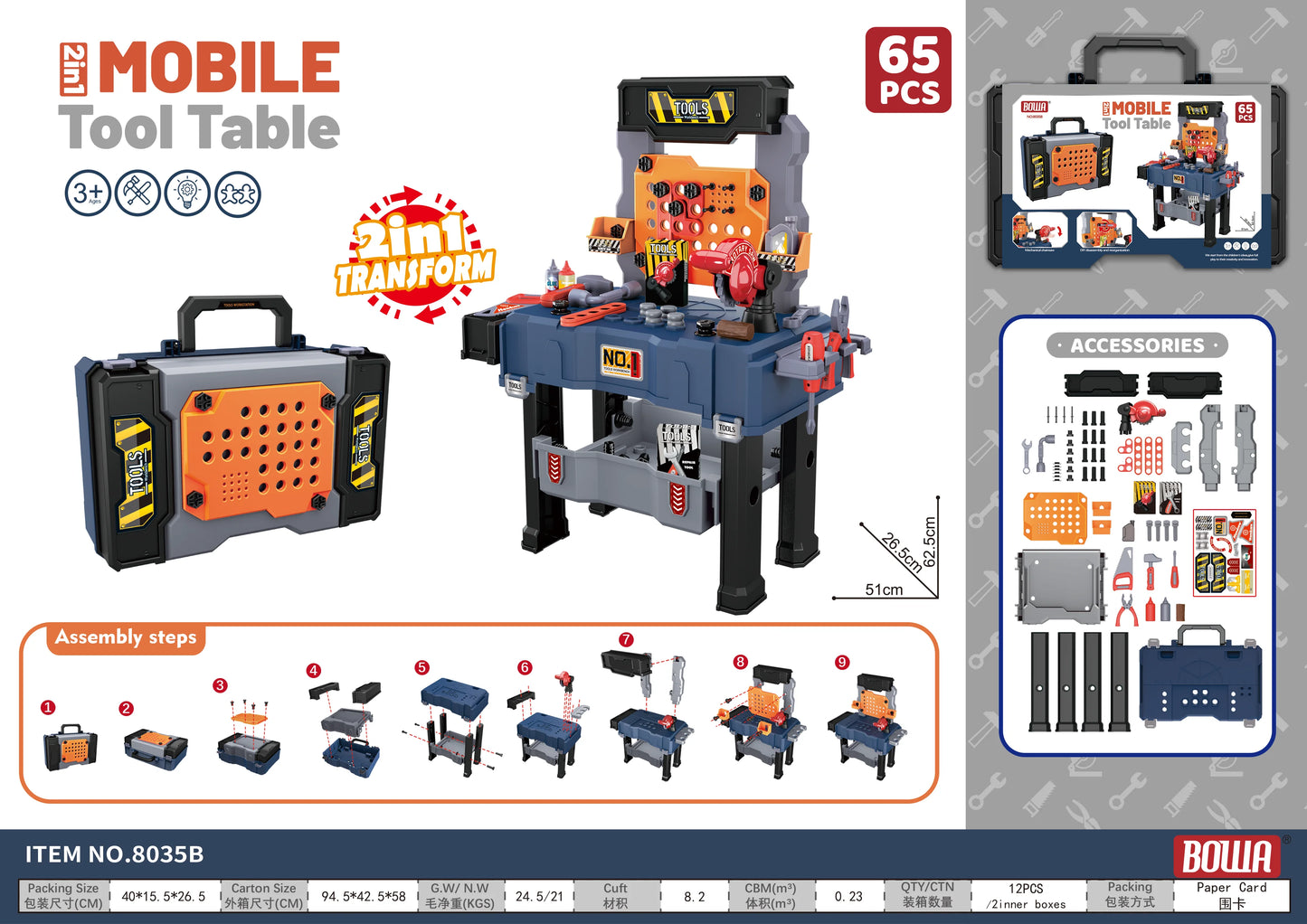 Kids Tool Bench, Realistic, Transformable Tool Set, Toddler Bench Pretend Play Learning Gift for Boys & Girls Age 3-5