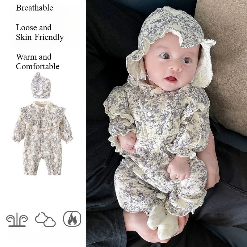 Baby Girl 100%Cotton Spring & Autumn Romper with Hat - Cute Printed Lace Trim Onesie Christmas Cozy & Breathable Jumpsuit