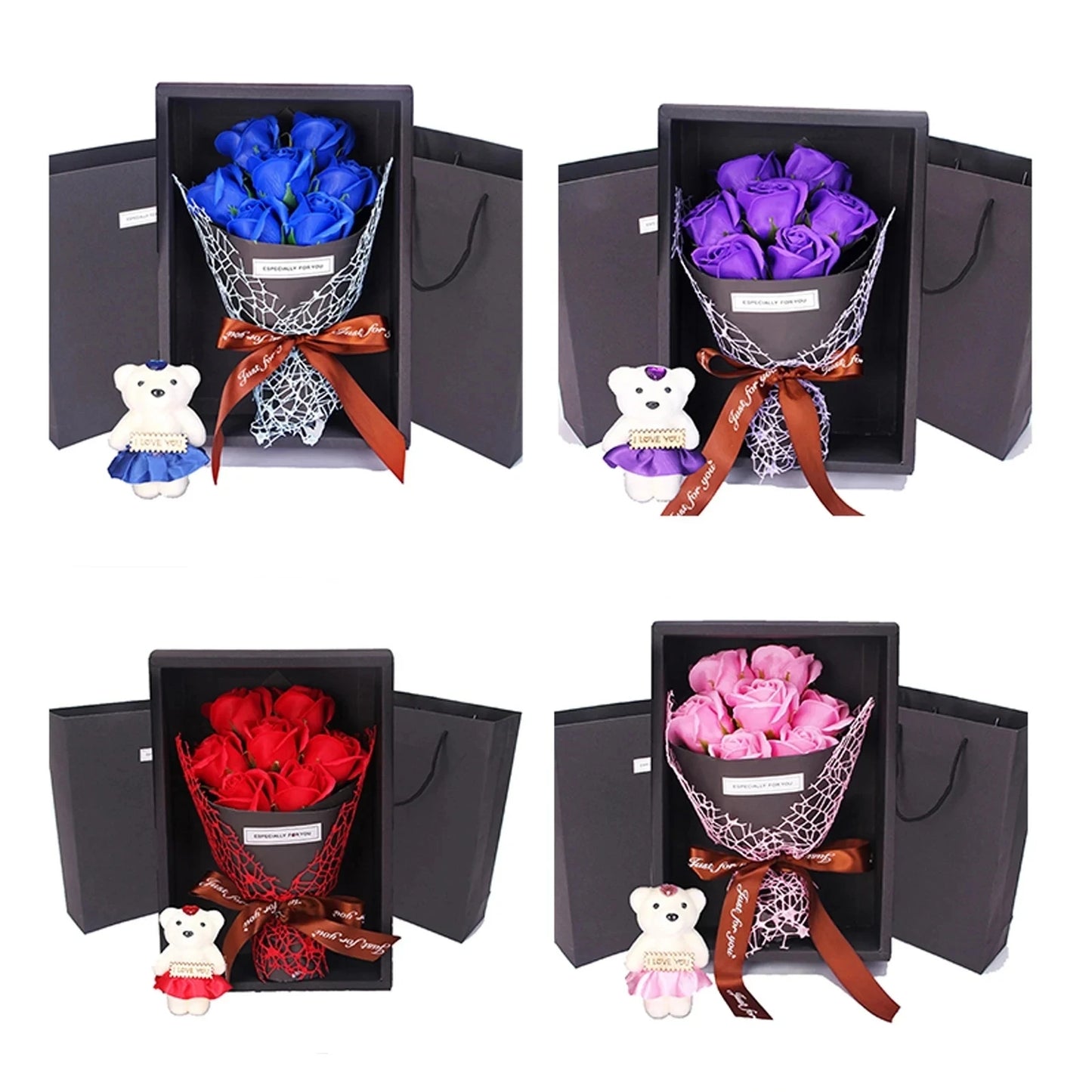 7 Heads Rose Artificial Bouquet Little Bear Gift Box Valentine's Day Handmade False Flower Bouquet Mother's Day Birthday Party G