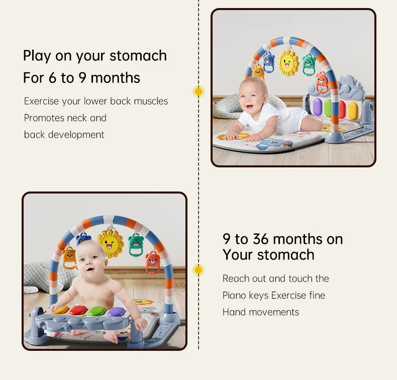 Baby Activity Play Mat with Music & Lights, 5 Detachable Sensory Toys Kick Piano Mat, Tummy Time Game Playmat Easy Assembly Moto