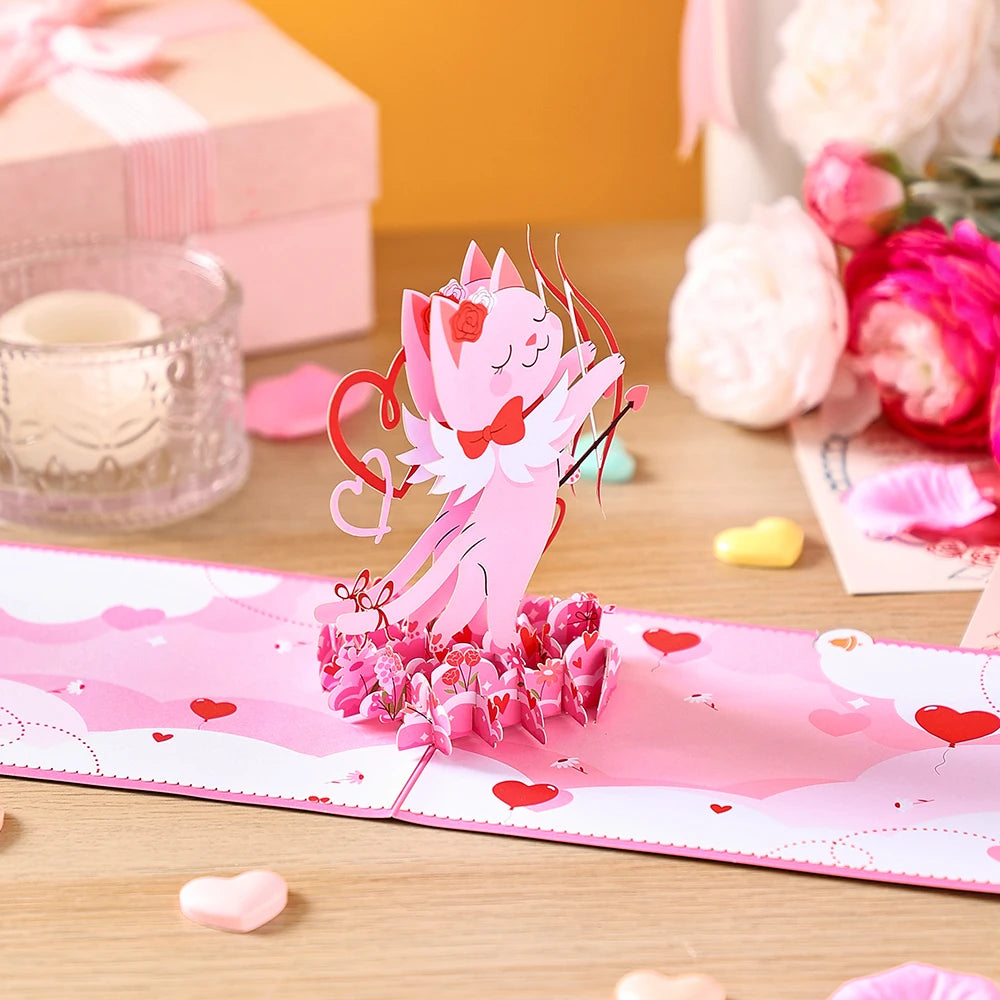 Valentines Day Greeting Card Romantic Cupid Cat Balloon Pop Up 3D Greetings Card Postcard Love Gifts For Couples Wife Lover