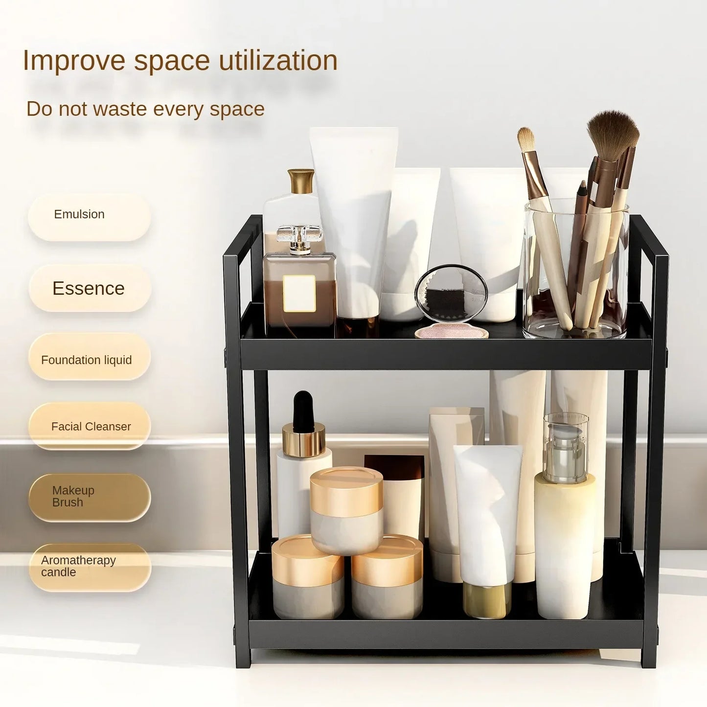 2 Tier Under Sink Organiser Sliding Cabinet Basket Organiser Storage Rack with Hooks Hanging Cup Bathroom Kitchen Organiser