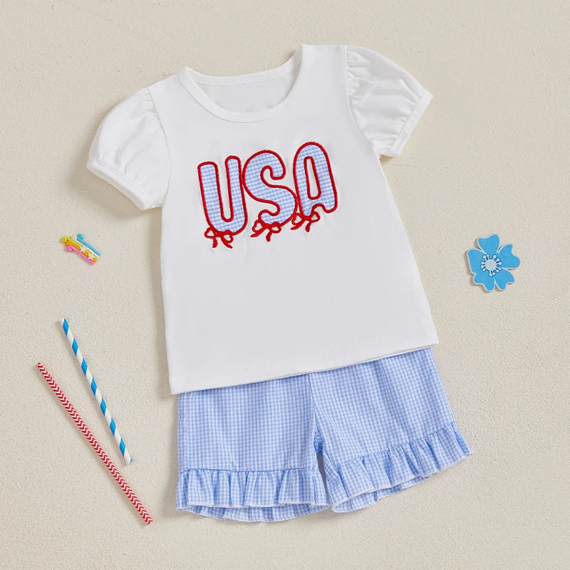 Girls American Flag Print Sleeveless Dress and Denim Jacket Set Adorable 2 Piece Outfit for Independence Day Celebrations