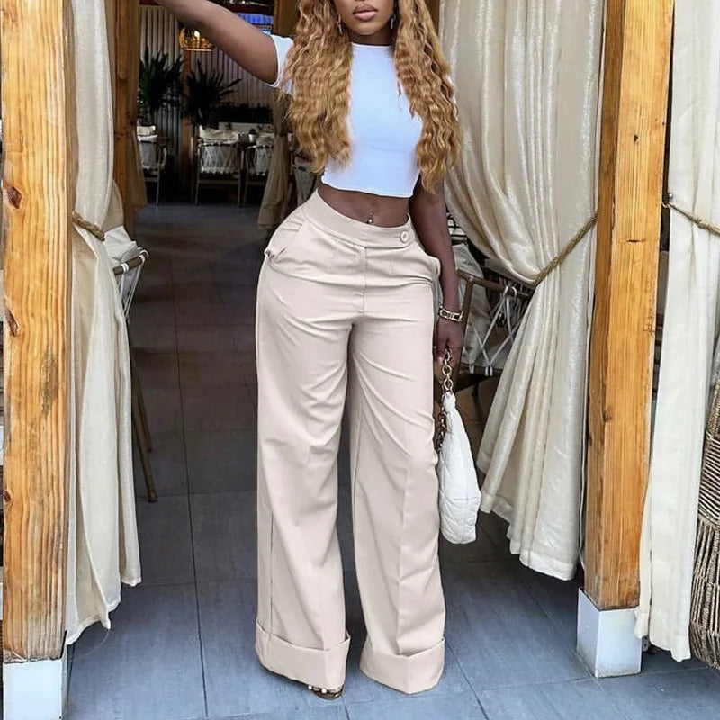 Women's Solid Color High Waist Wide Leg Pants Cuffed Hem Button Closure Pockets Design Office Work & Casual Streetwear Outfit