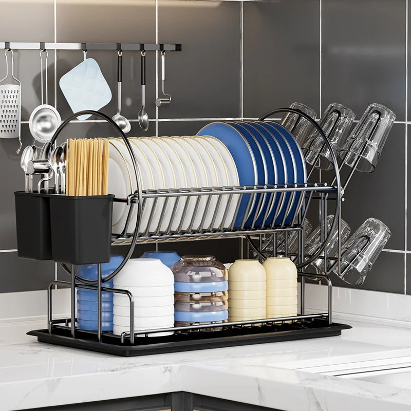 2-Layer Dish Drain Rack for Kitchen Countertop with Utensil Holder Cup Hanger Thickened Bowl Plate Organiser Storage Shelf