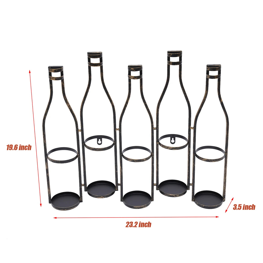 Bronze Vintage Five Bottle Wall-Mounted Wine Rack for Kitchen, Dining Room, Wine Cellar