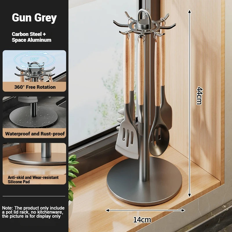 360° Rotating Kitchen Spatula and Utensil Rack - 8-Hook Movable Cooking Tool Storage Organiser for Countertop Space Saving
