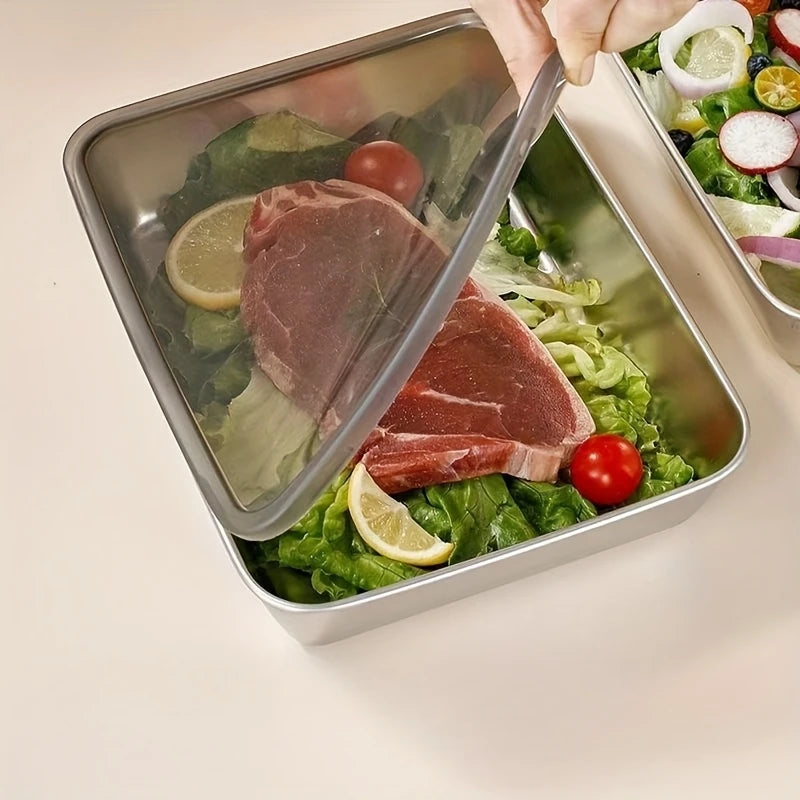 2pcs Stainless Steel Food Storage Container Rectangle Dish with Cover Noodles Fruit Tray Lunch Box Thick Refrigerator Plate