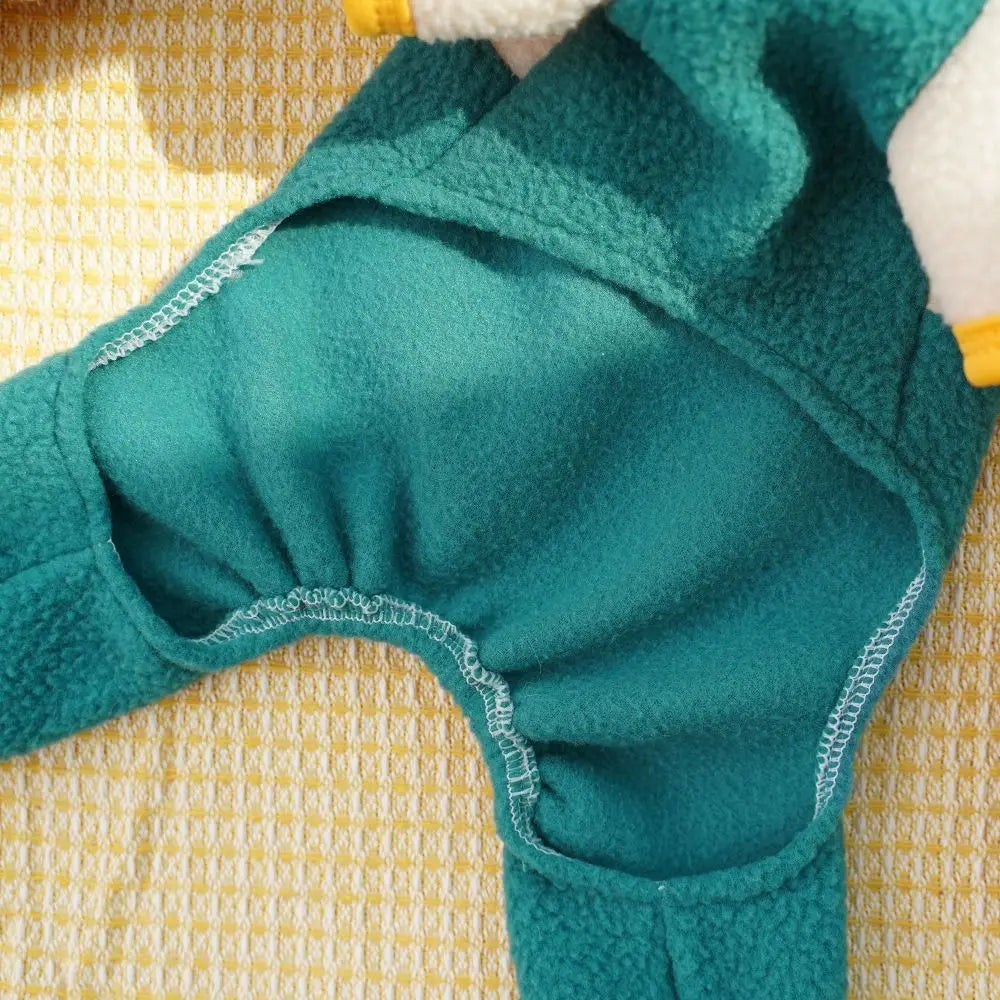 Warm Dog Jumpsuit – Polar Fleece Four-Legged Pants with Stand Collar, Cartoon Bear Pattern, D-Ring Puppy Harness Coat