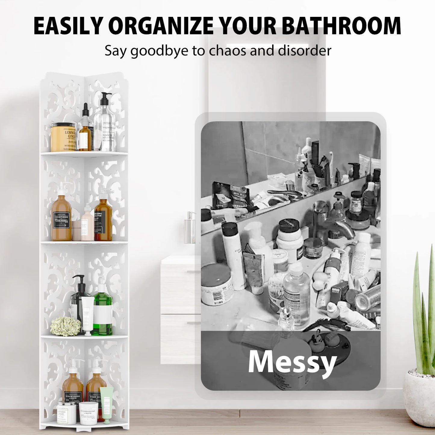 4 Tier Bathroom Corner Cabinet Storage Unit White, Floor Standing Shower Caddy Corner Shelf, PVC Waterproof Storage Organiser
