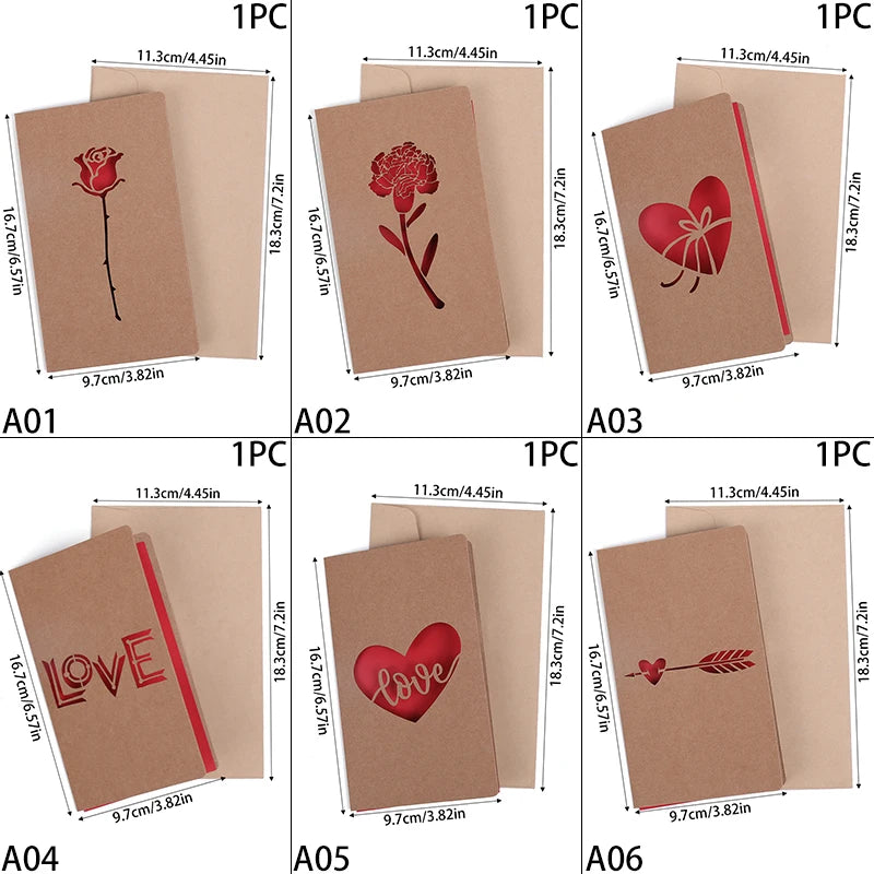 Valentines Day Mothers Day Greeting Card with Envelope Hollow Heart Flowers Gift Card Birthday Party Supplies Wedding Invitation