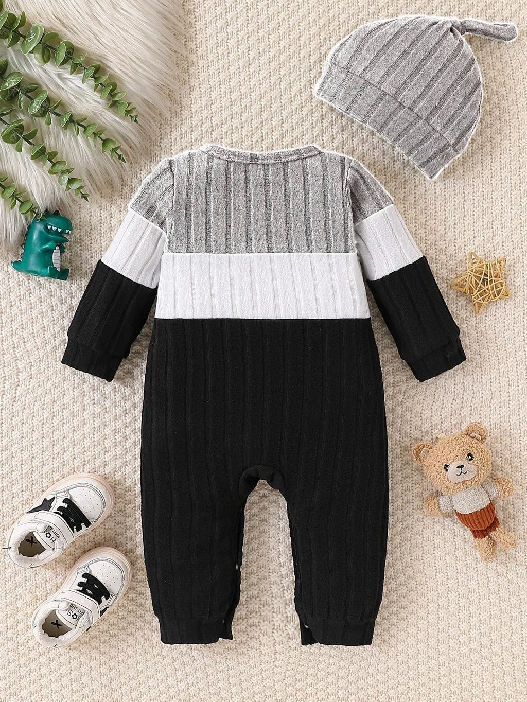 3 Colours Autumn Bodysuits Newborn Baby Boy Long Sleeve Colour Block Romper+Hat Simple Onesie Jumpsuit for Toddlers 1-18 Months