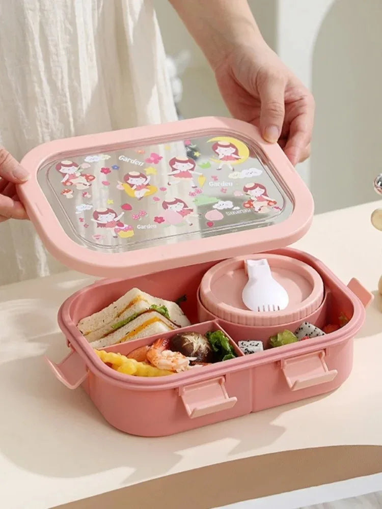1000/1350ml Cartoon Lunch Box with Soup Bowl Bento Box Buckle Design Sealed and Leak-proof Portable Food Storage Container