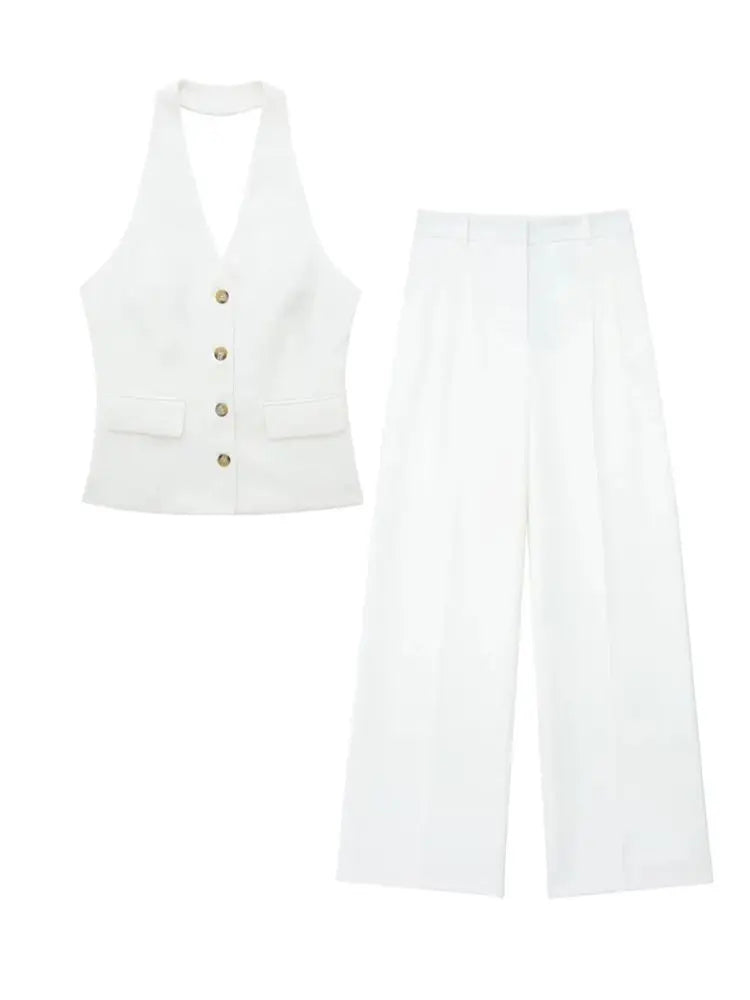 Women's Linen Look Halterneck Vest And Wide Leg Trouser