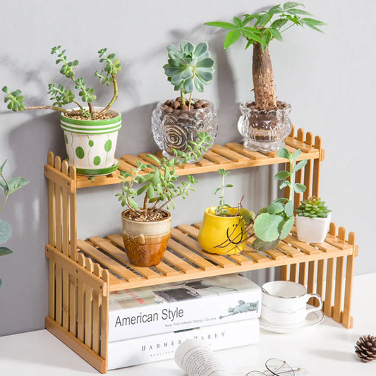 2 Tier Decorative Tabletop Wood Plant Stand Display Shelf For Home Office Tidy Storage Organiser