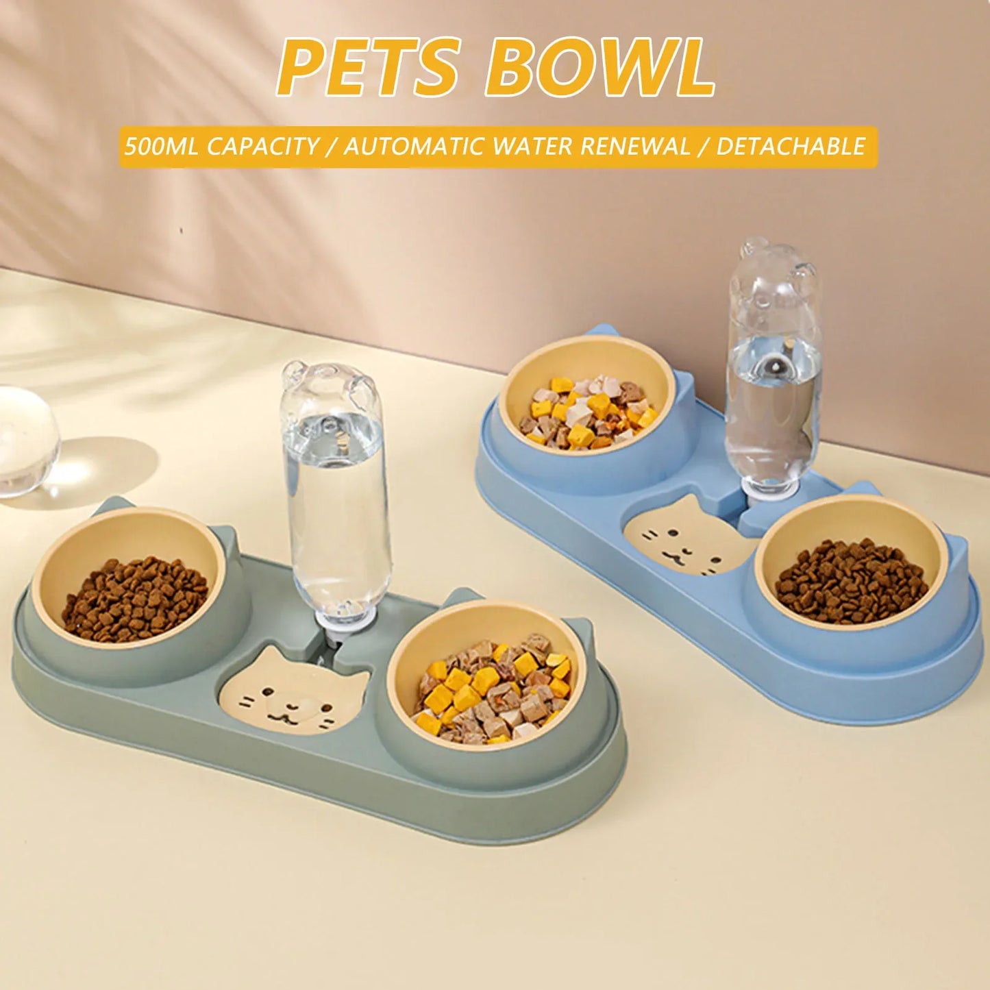 Automatic Double Bowl Feeder With Water Fountain Drinking Raised Stand