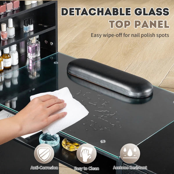 FCH Black relief particle board tempered glass 141*50*112cm three doors and two drawers fanless nail table