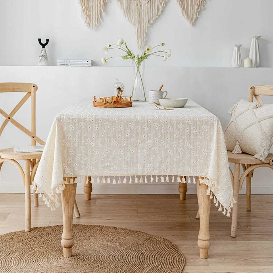 Korean Style Daisy Tassels Cotton Floral Table Cloth