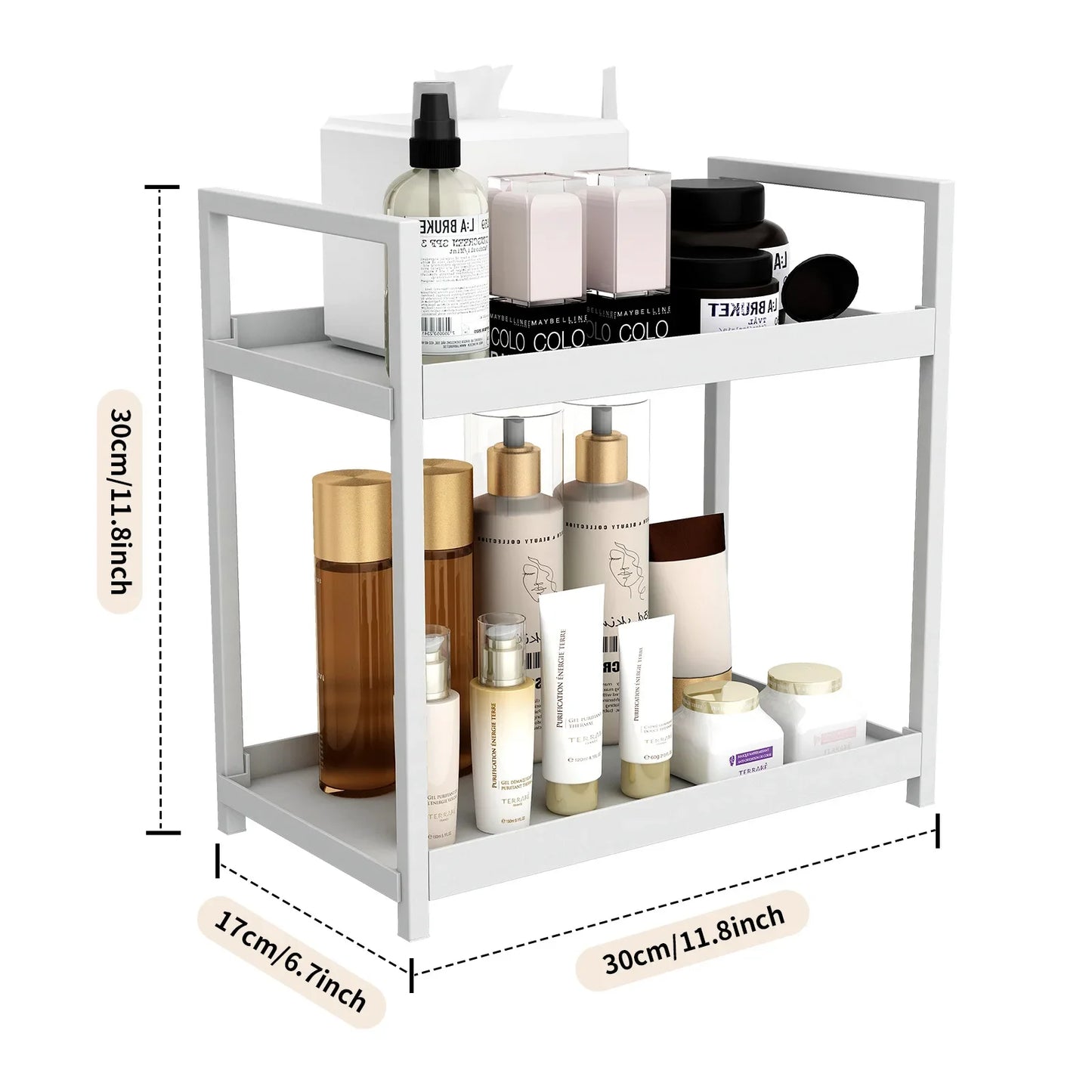 2 Tier Under Sink Organiser Sliding Cabinet Basket Organiser Storage Rack with Hooks Hanging Cup Bathroom Kitchen Organiser