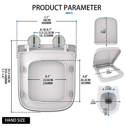 Square Toilet Seat Quick-Release Soft-Close Easy Clean - Durable Anti-Bacterial Compact WC Cover, Scratch-Resistant Bathroom