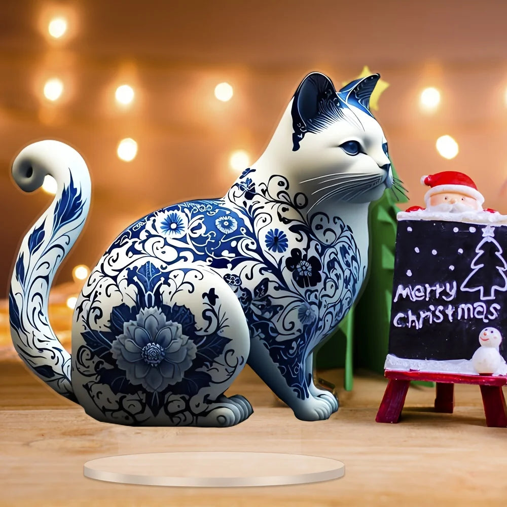 Fashionable Blue White Porcelain Cat Ornament With Acrylic Bracket - Waterproof Multi Functional Home, Office, And Cafe