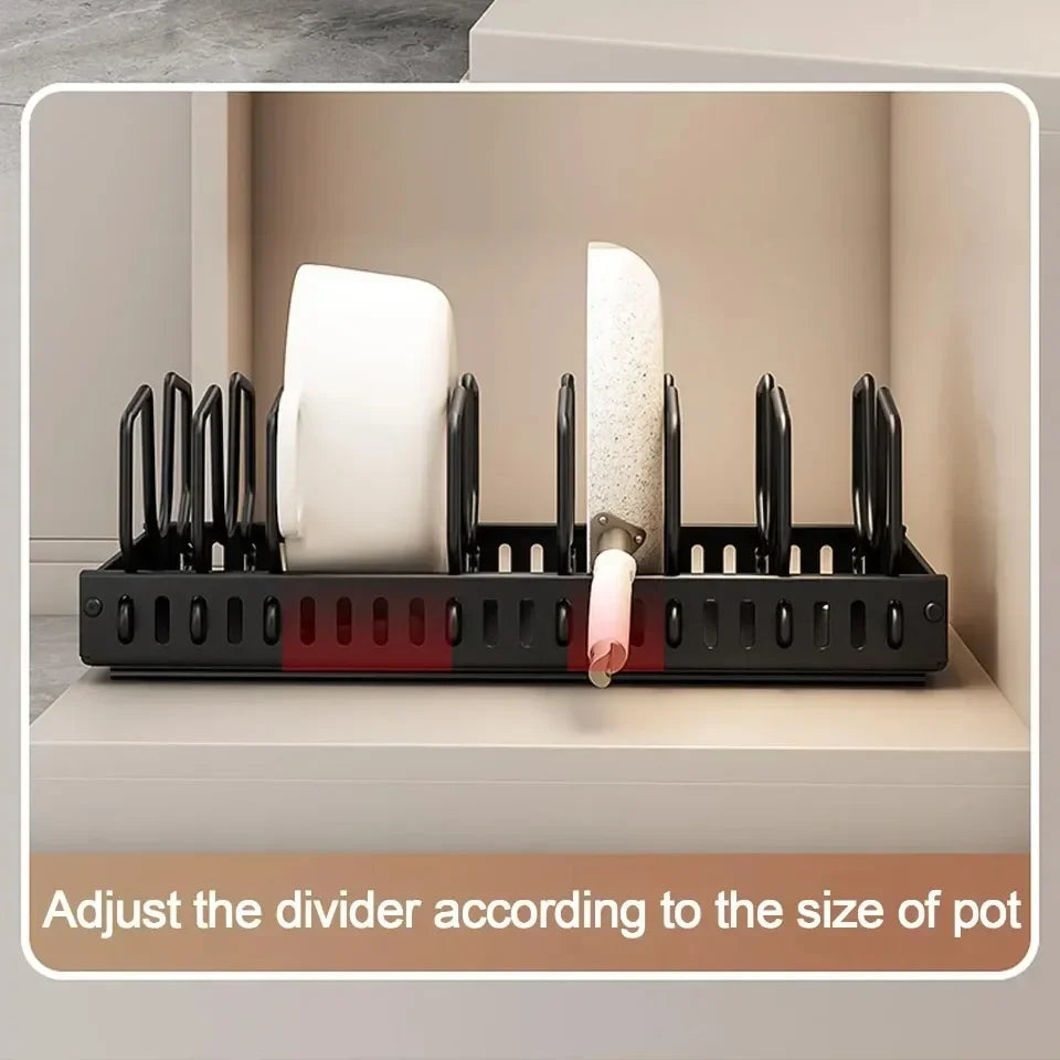 1Pc Adjustable Pull Out Pot Pan Rack Kitchen Cabinet Organiser, Expandable Kitchen Storage Holder for Pots Pans Lids Dishes
