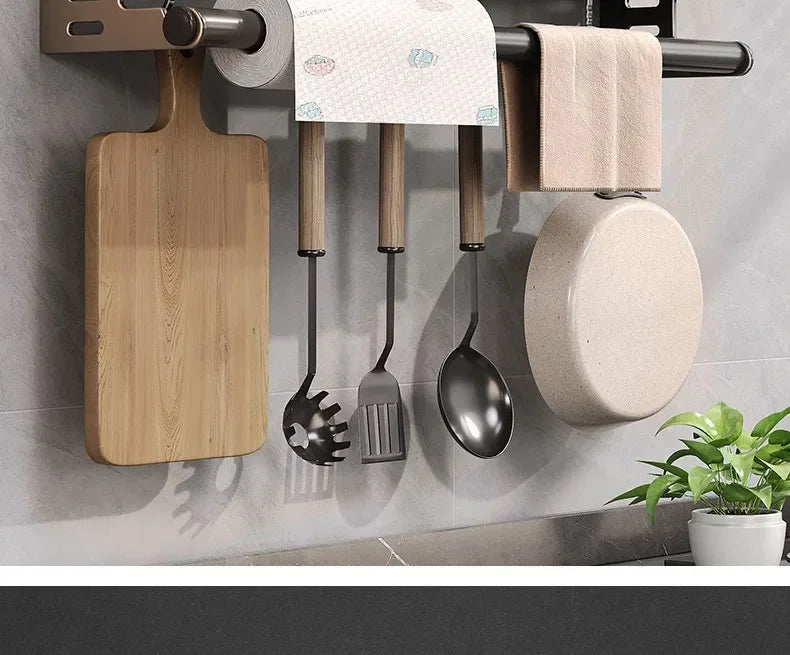 No Drill Kitchen Wall Mounted Spice Rack Space Saving Multifunctional Organiser with Hooks & Paper Towel Holder