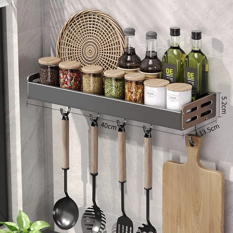 Wall Mount Utensil Holder Multifunctional Spice Organiser Shelf with Hooks Kitchen Hanging Storage Wall Shelf