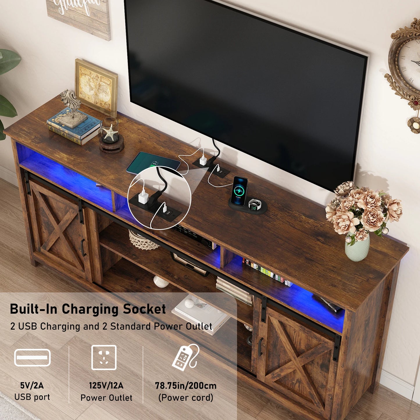 TV Stand Farmhouse Coffee Bar Cabinet Rustic Sliding Barn Door Storage Cabinet with Power Outlet & LED Light, 57" Wooden TV Cabi
