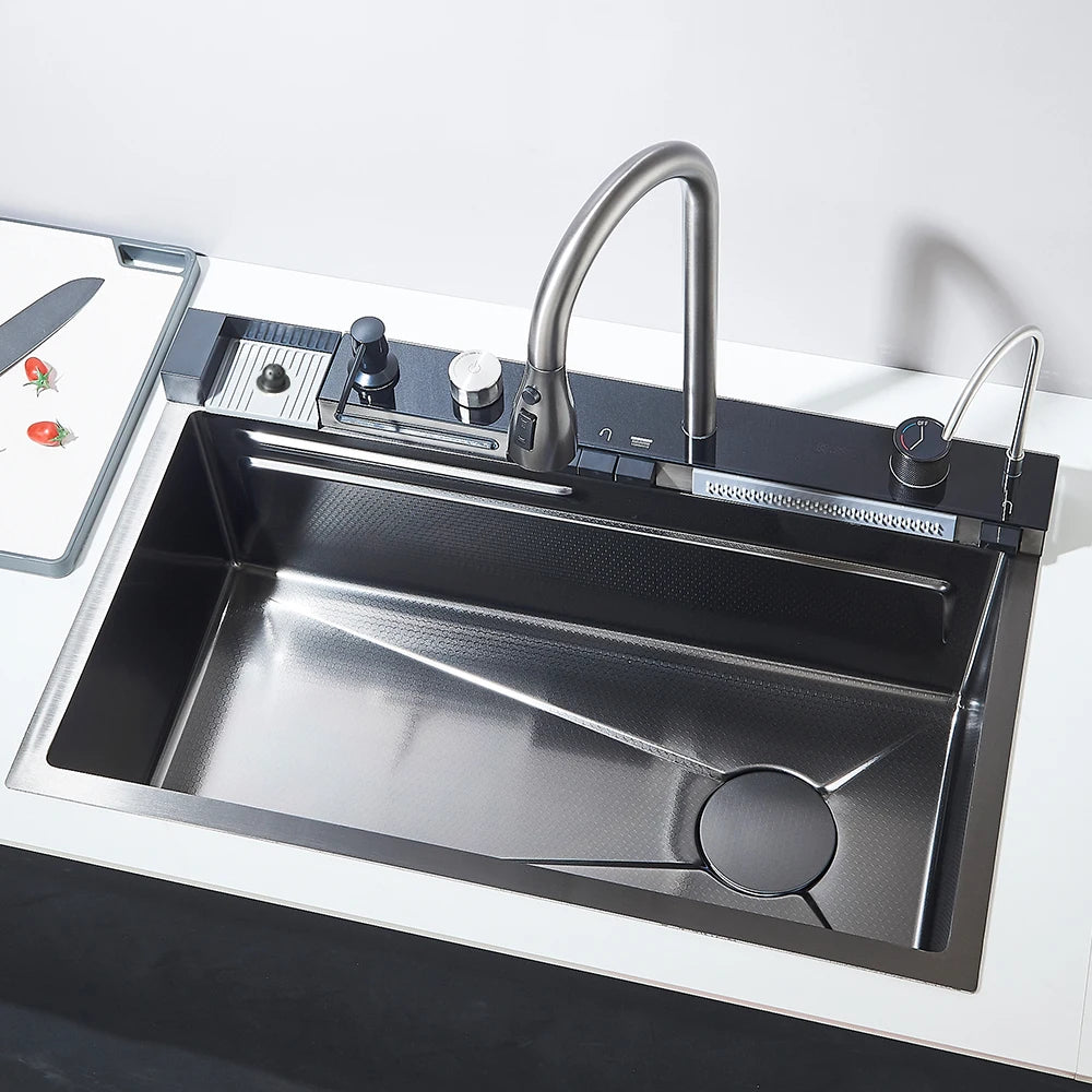 304 Stainless Steel Waterfall Kitchen Sink Large Single Slot Integrated Digital Display Faucet Set Soap Dispenser 75*45cm
