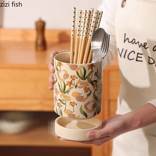 French Iris Ceramic Chopstick Holder Countertop Mold Proof Draining Chopstick Storage Jar Knife Spoon Rack Kitchen Storage Tool