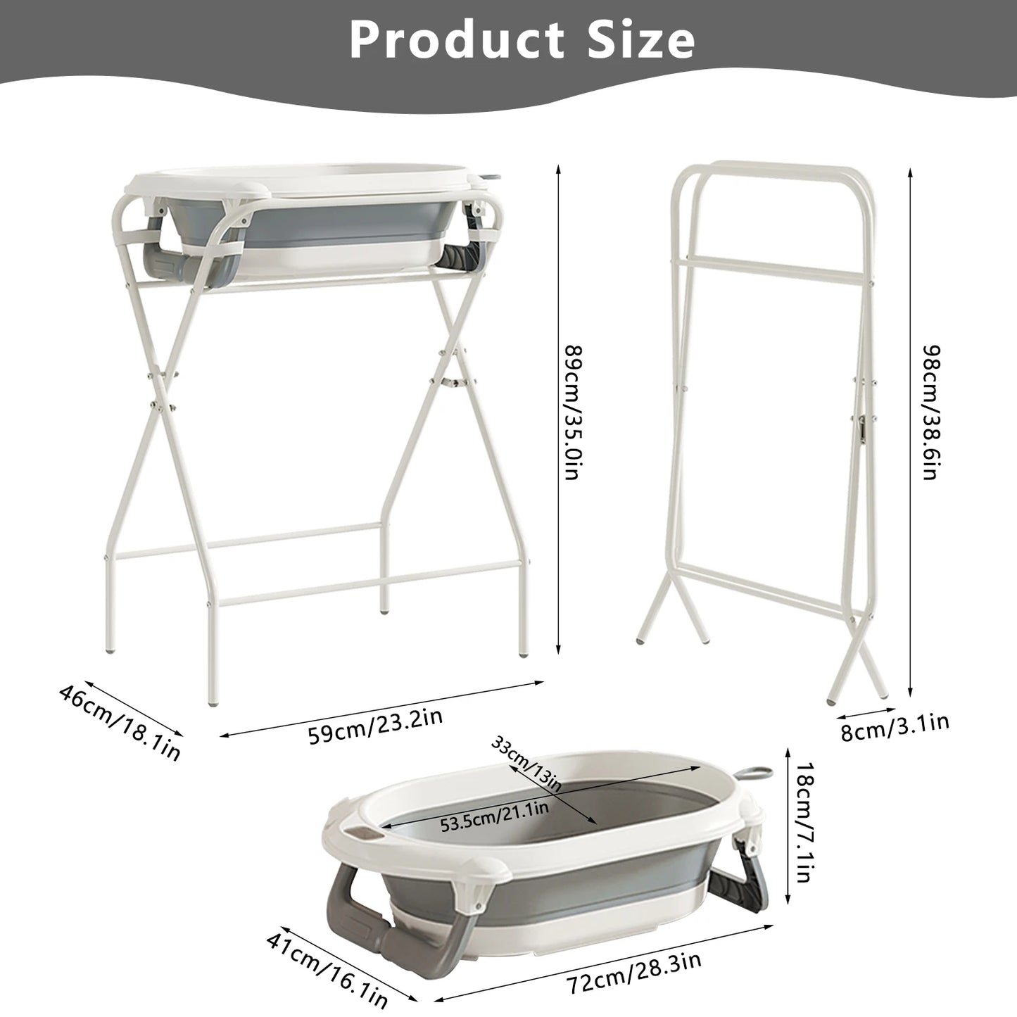 3 in 1 Baby Bath with Stand, Foldable Baby Bath Tub for Newborn to Toddler with Thermometer & Bath Pillow,Multifunctional,Grey