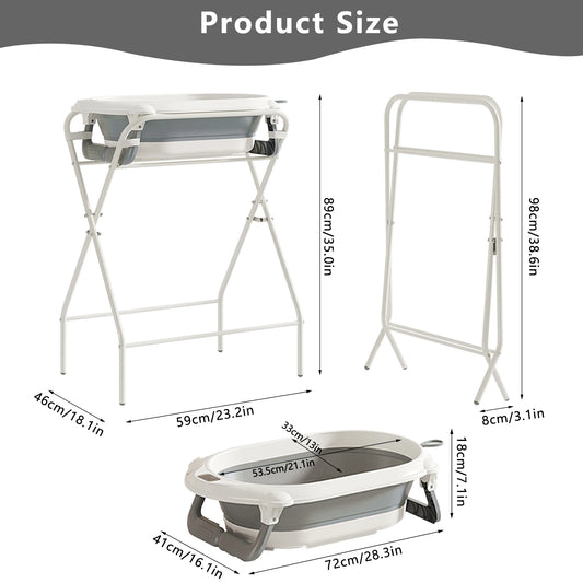 3 in 1 Baby Bath with Stand, Foldable Baby Bath Tub for Newborn to Toddler with Thermometer & Bath Pillow,Multifunctional,Grey