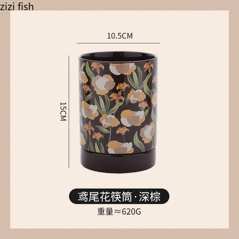French Iris Ceramic Chopstick Holder Countertop Mold Proof Draining Chopstick Storage Jar Knife Spoon Rack Kitchen Storage Tool