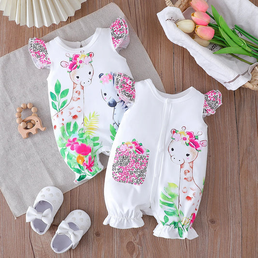 Summer New Baby Cartoon Print Animal Pure Color Casual Versatile Romper Two-Piece Set