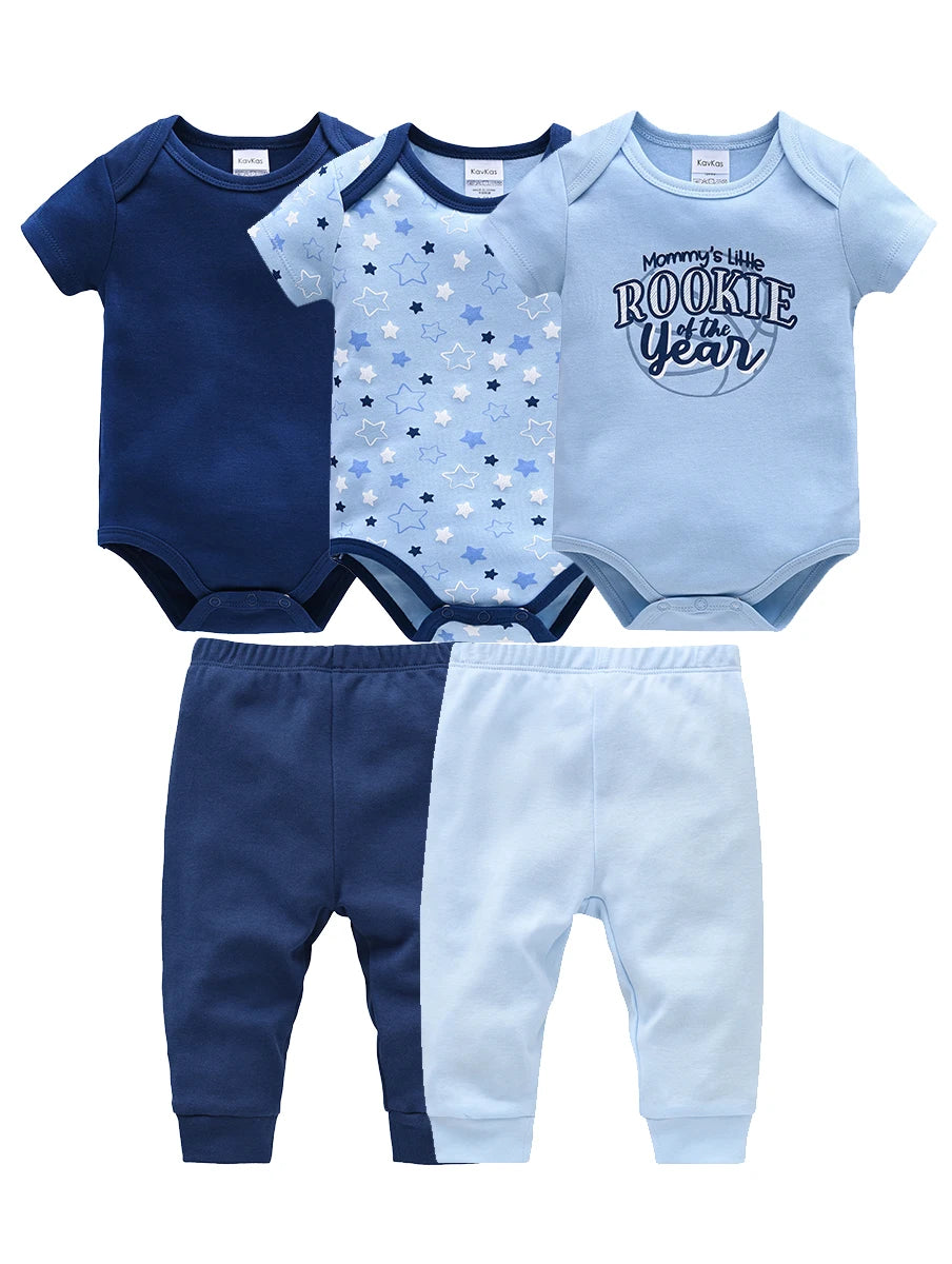 New Baby Boy Clothes Summer 100% Cotton Blue Grey Tie Print Three Piece Short Sleeve Bodysuit Pants vetements bebe For 0-12M