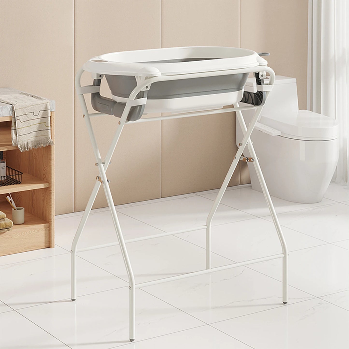 3 in 1 Baby Bath with Stand, Foldable Baby Bath Tub for Newborn to Toddler with Thermometer & Bath Pillow,Multifunctional,Grey