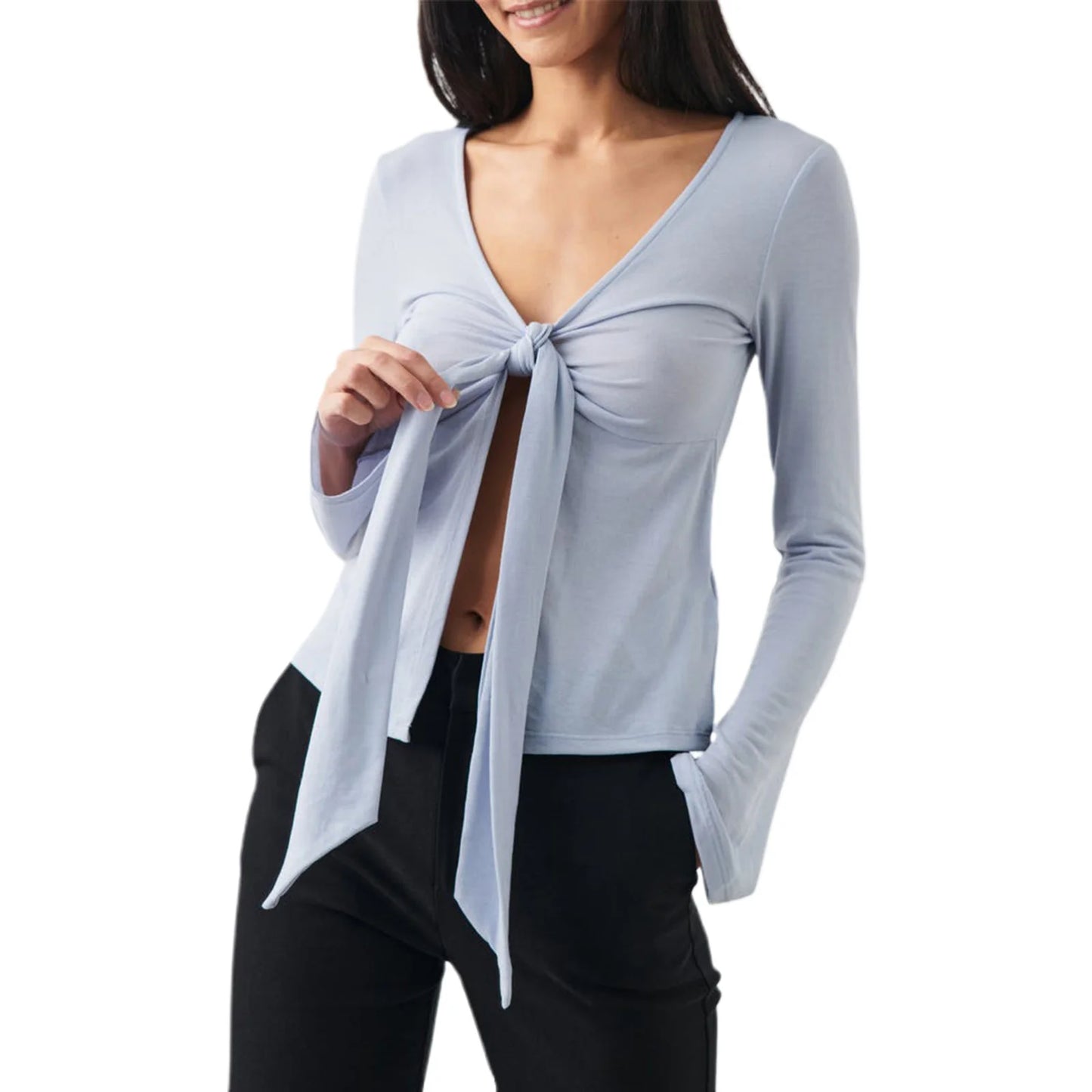 Women's Spring Summer Slimming Crop Tops Long Sleeve V Neck Tie Up Solid Color Trendy T-shirt