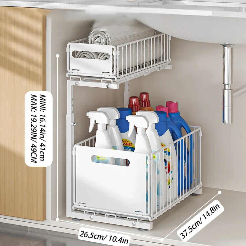 Pull-Out Under Sink Organiser, 2-Tier Adjustable Height Sliding Shelf for Kitchen/Bathroom Cabinet Storage, Black & White